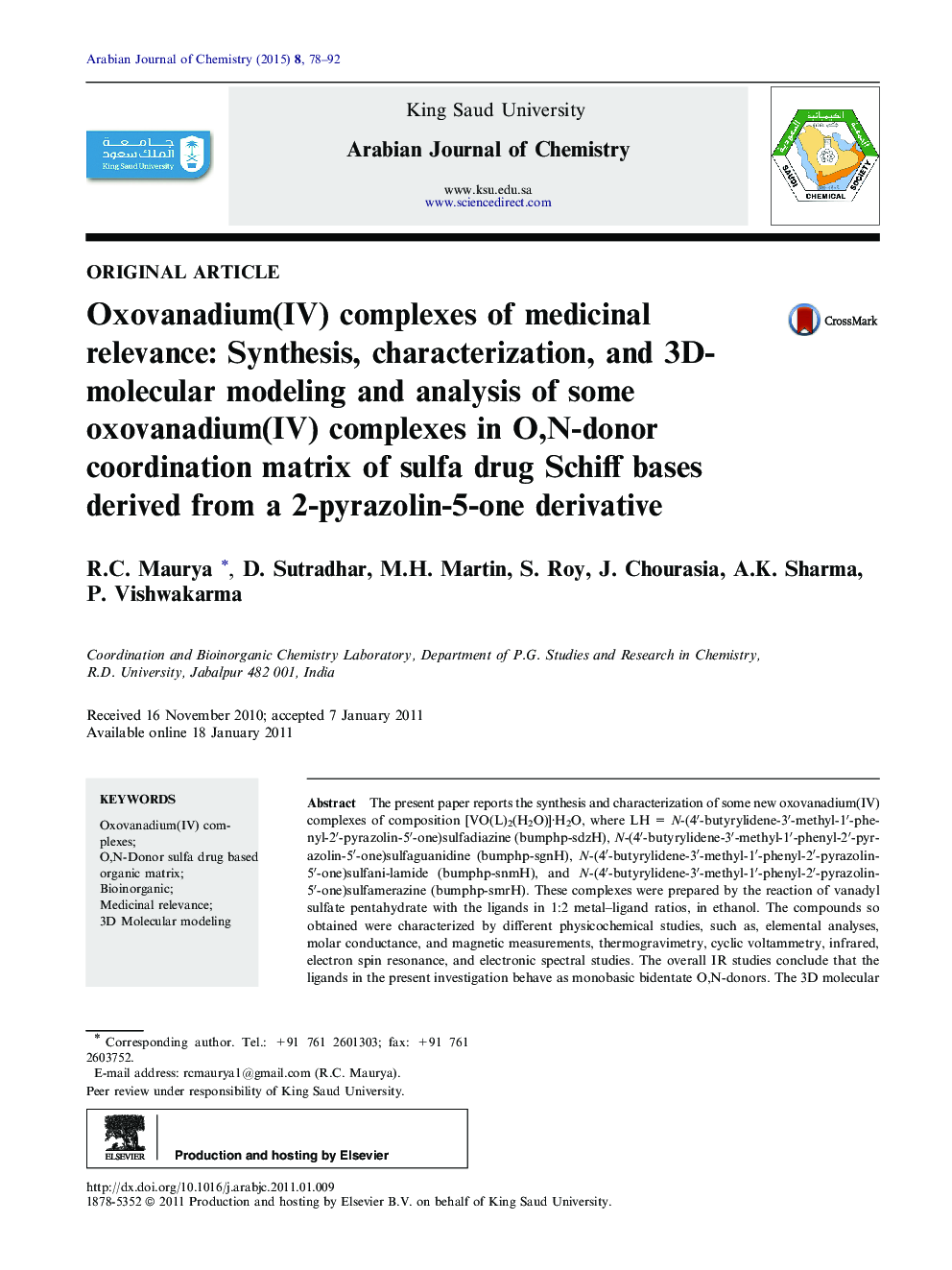 Oxovanadium(IV) complexes of medicinal relevance: Synthesis, characterization, and 3D-molecular modeling and analysis of some oxovanadium(IV) complexes in O,N-donor coordination matrix of sulfa drug Schiff bases derived from a 2-pyrazolin-5-one derivative