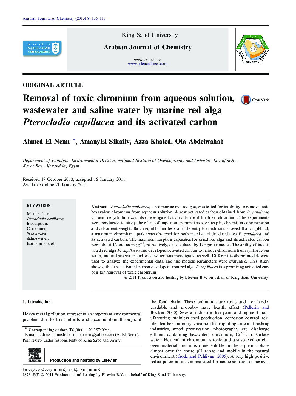 Removal of toxic chromium from aqueous solution, wastewater and saline water by marine red alga Pterocladia capillacea and its activated carbon 