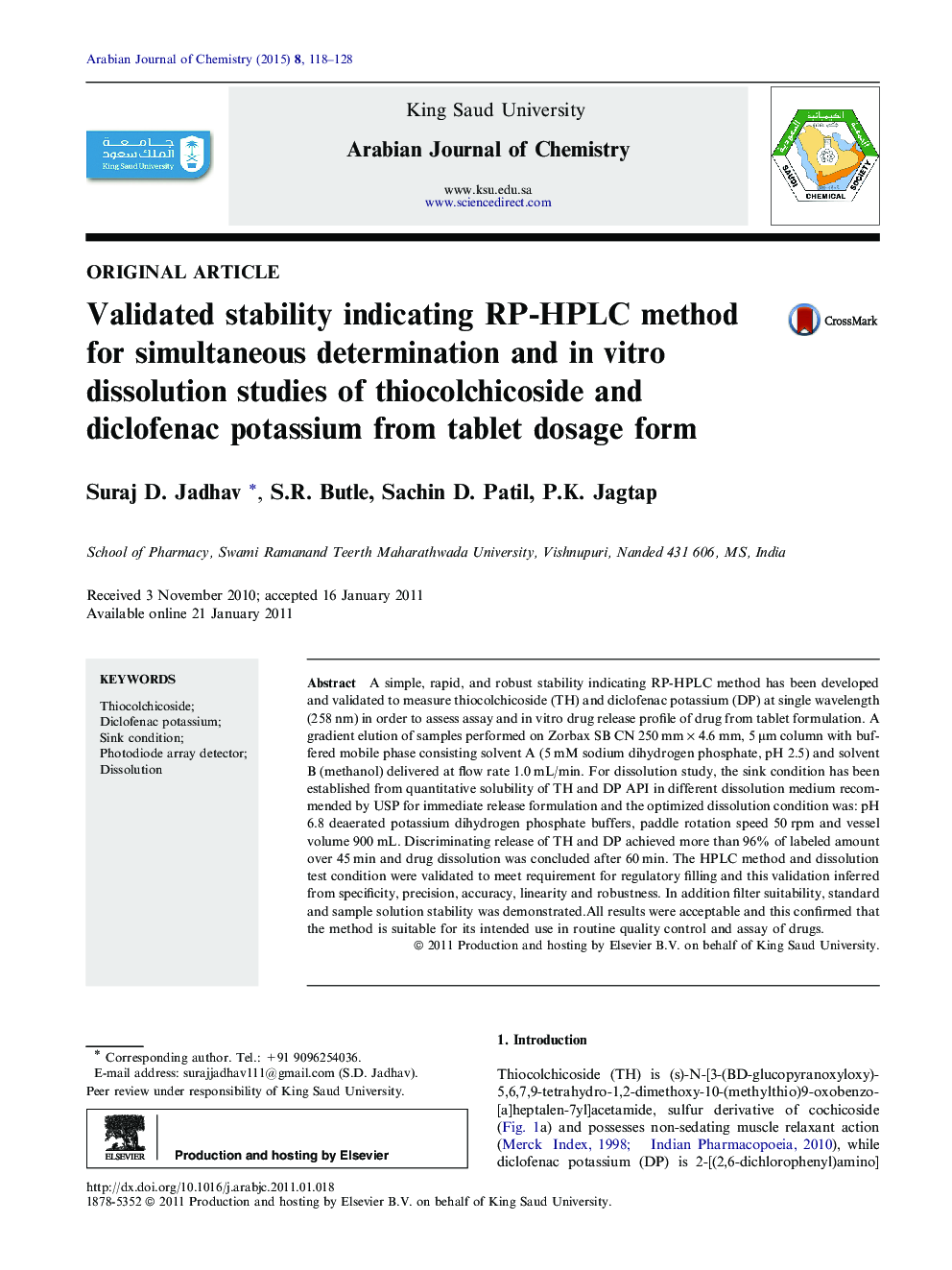 Validated stability indicating RP-HPLC method for simultaneous determination and in vitro dissolution studies of thiocolchicoside and diclofenac potassium from tablet dosage form 