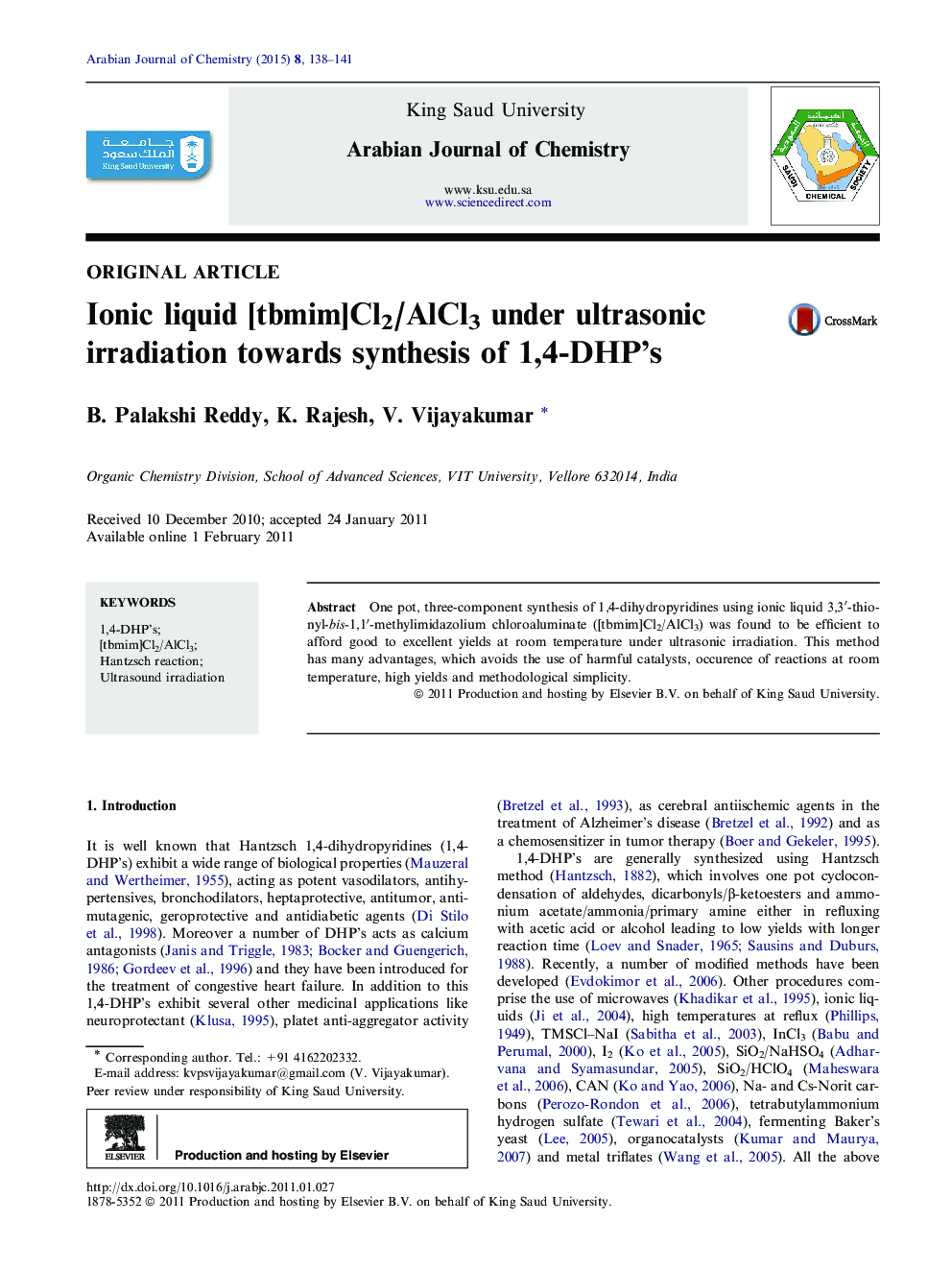 Ionic liquid[tbmim]Cl2/AlCl3 under ultrasonic irradiation towards synthesis of 1,4-DHP’s 