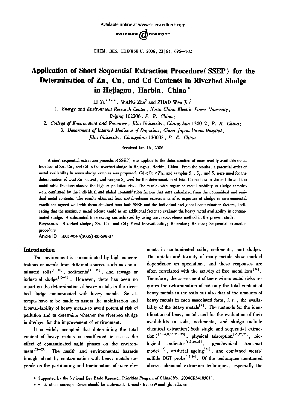 Application of Short Sequential Extraction Procedure (SSEP) for the Determination of Zn, Cu, and Cd Contents in Riverbed Sludge in Hejiagou, Harbin, China1