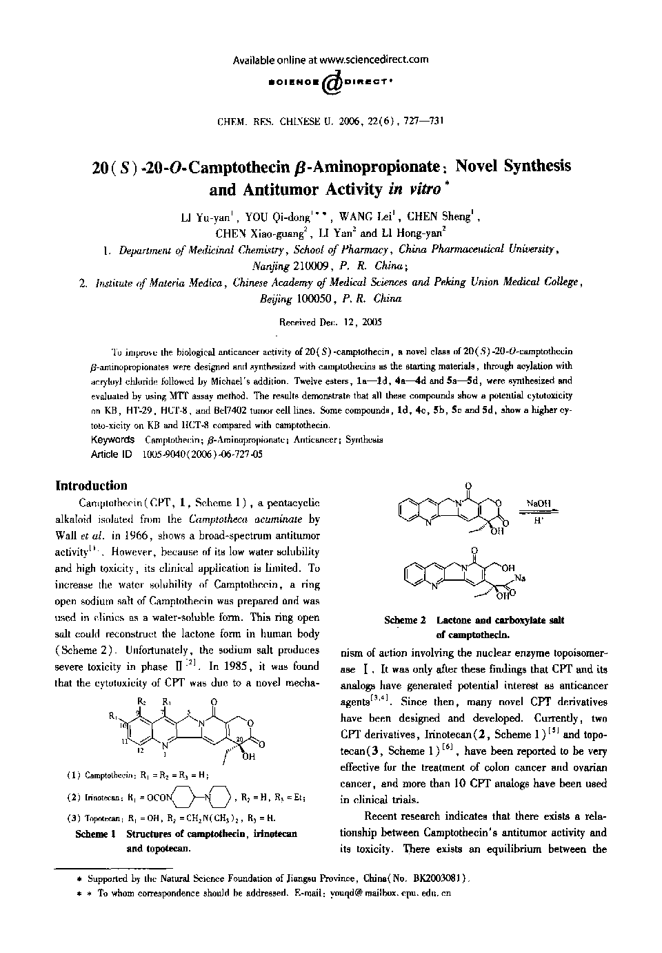 20(S)-20-O-Camptothecin Î²-Aminopropionate: Novel Synthesis and Antitumor Activity in vitro1
		