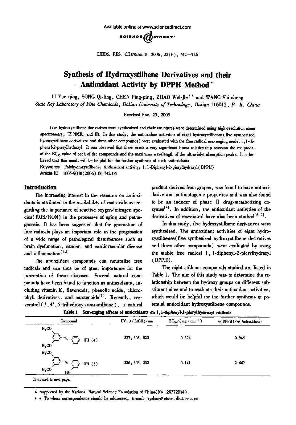 Synthesis of Hydroxystilbene Derivatives and their Antioxidant Activity by DPPH Method1
		