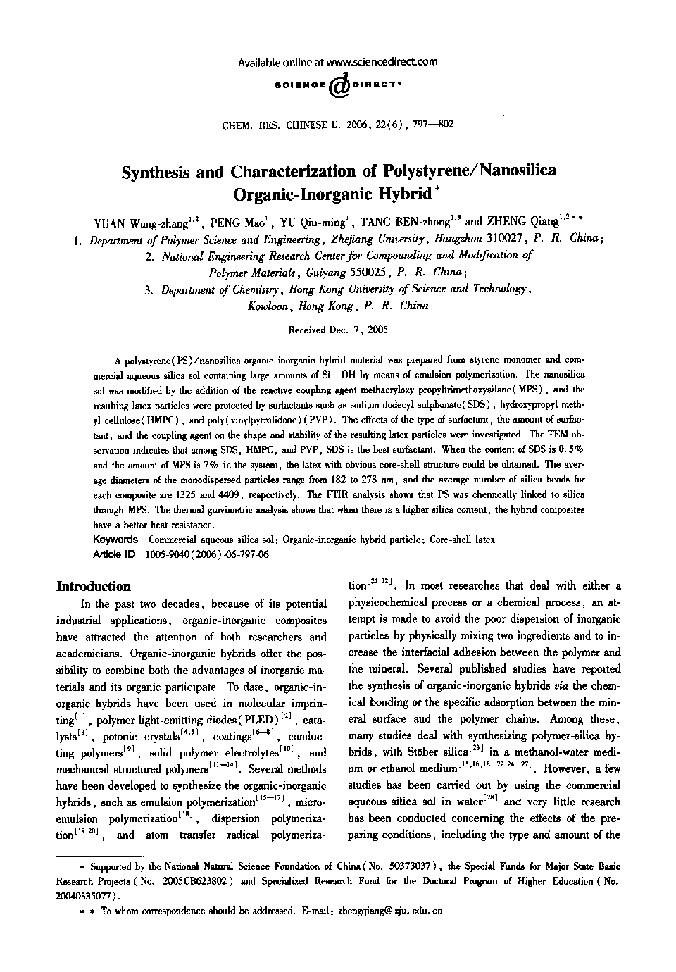 Synthesis and Characterization of Polystyrene/Nanosilica Organic-Inorganic Hybrid1
		