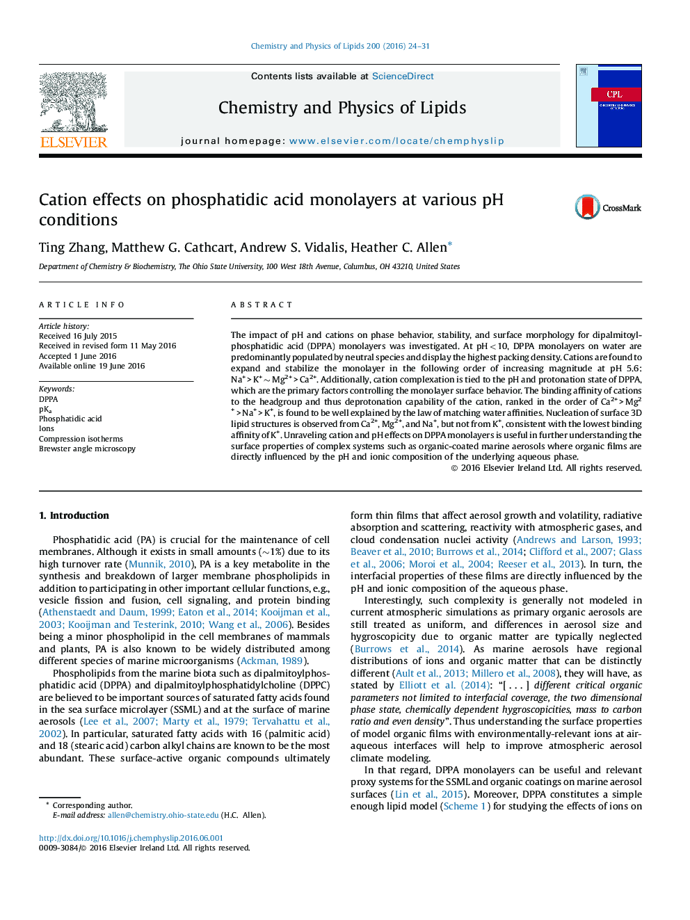 Cation effects on phosphatidic acid monolayers at various pH conditions