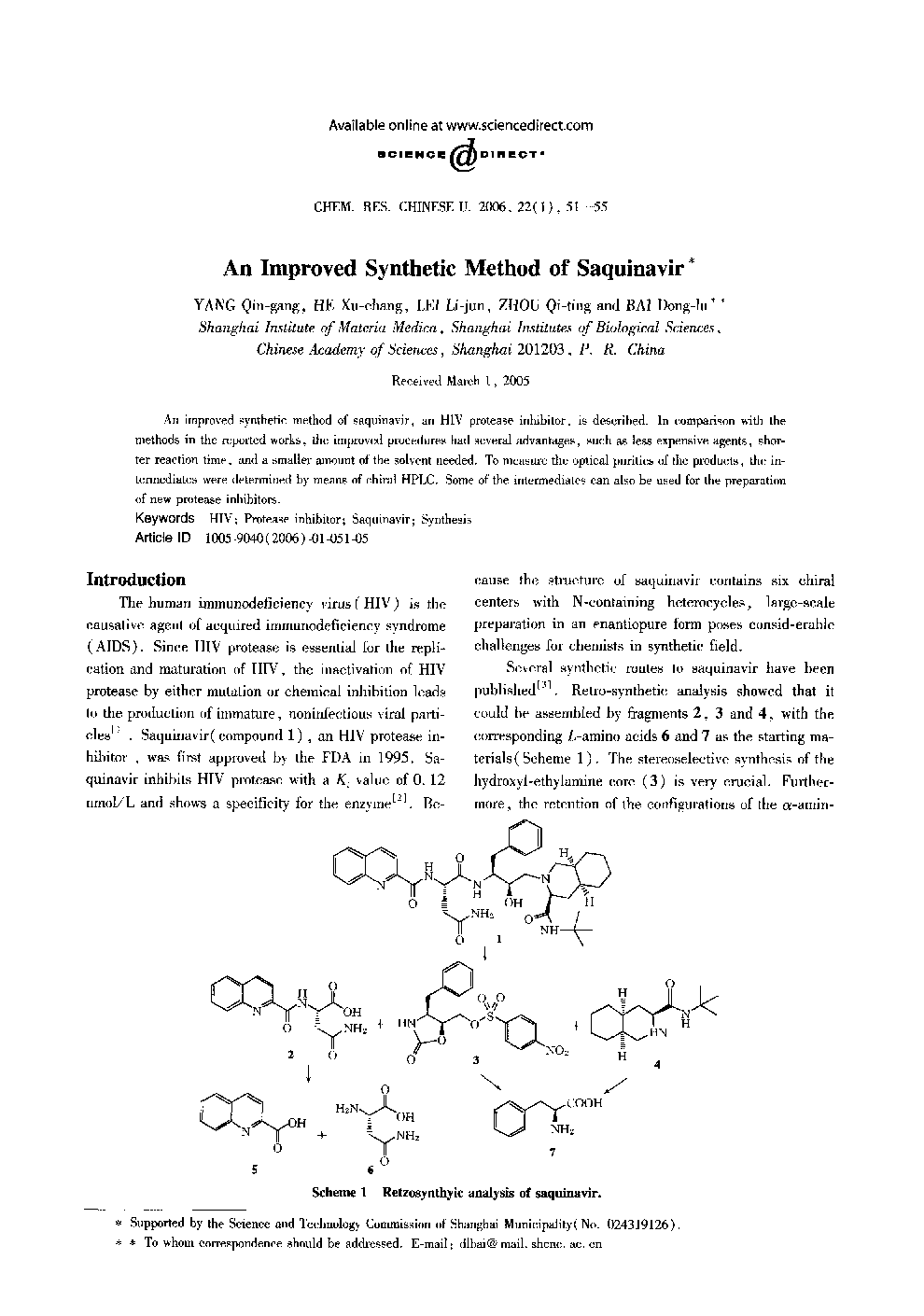 An Improved Synthetic Method of Saquinavir1