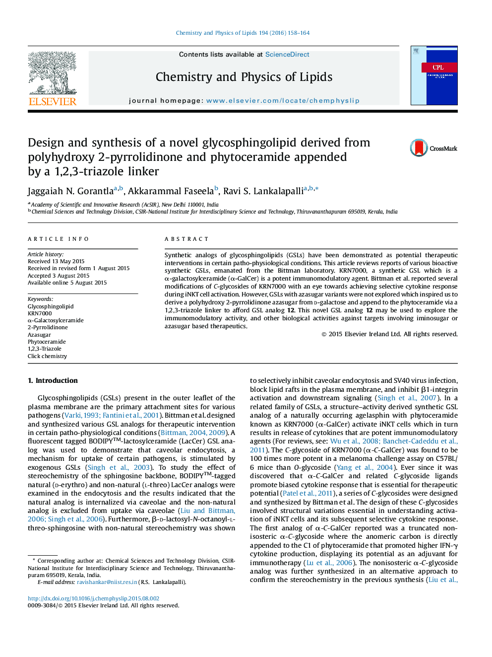 Design and synthesis of a novel glycosphingolipid derived from polyhydroxy 2-pyrrolidinone and phytoceramide appended by a 1,​2,​3-​triazole linker