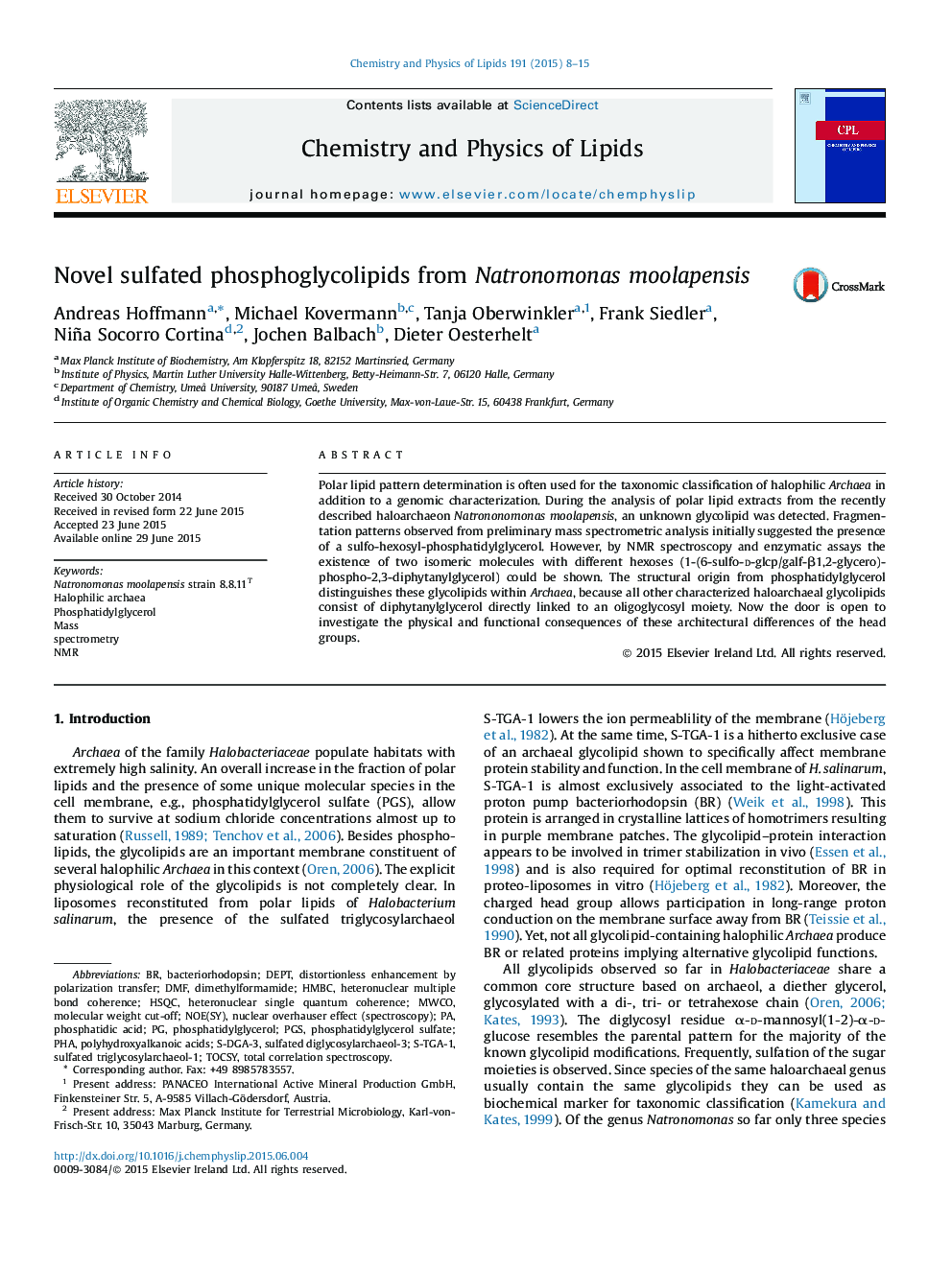 Novel sulfated phosphoglycolipids from Natronomonas moolapensis