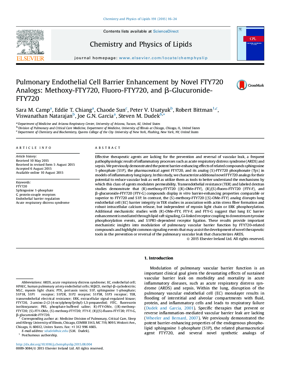 Pulmonary Endothelial Cell Barrier Enhancement by Novel FTY720 Analogs: Methoxy-FTY720, Fluoro-FTY720, and Î²-Glucuronide-FTY720