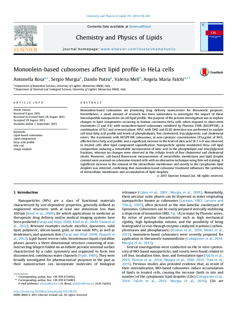 Monoolein-based cubosomes affect lipid profile in HeLa cells