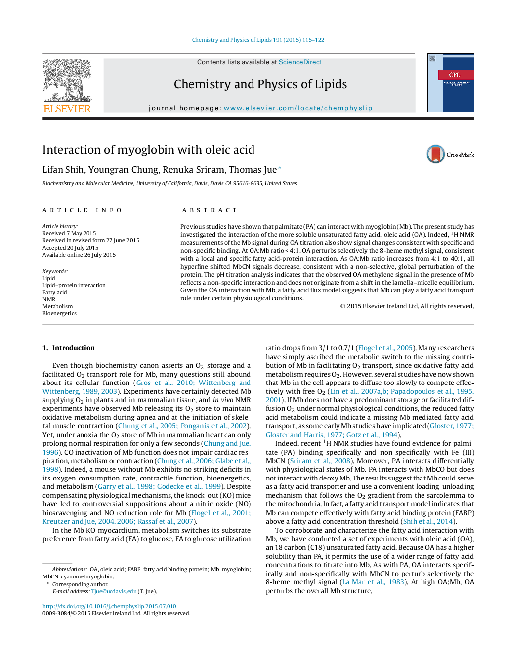 Interaction of myoglobin with oleic acid