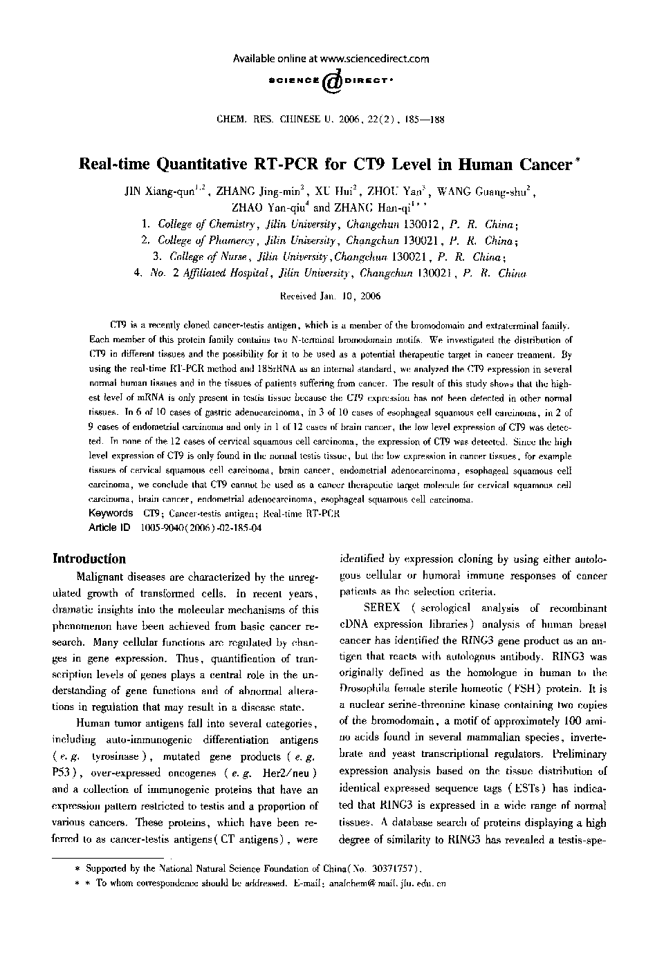 Real-time Quantitative RT-PCR for CT9 Level in Human Cancer1
		