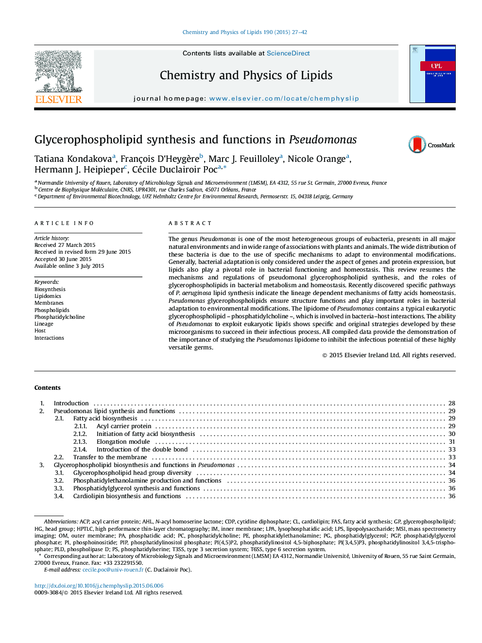 Glycerophospholipid synthesis and functions in Pseudomonas