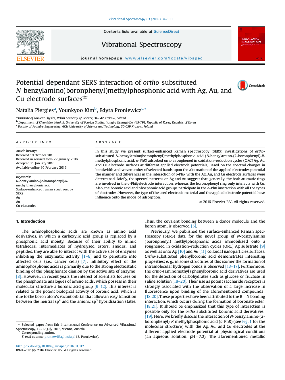 Potential-dependant SERS interaction of ortho-substituted N-benzylamino(boronphenyl)methylphosphonic acid with Ag, Au, and Cu electrode surfaces 