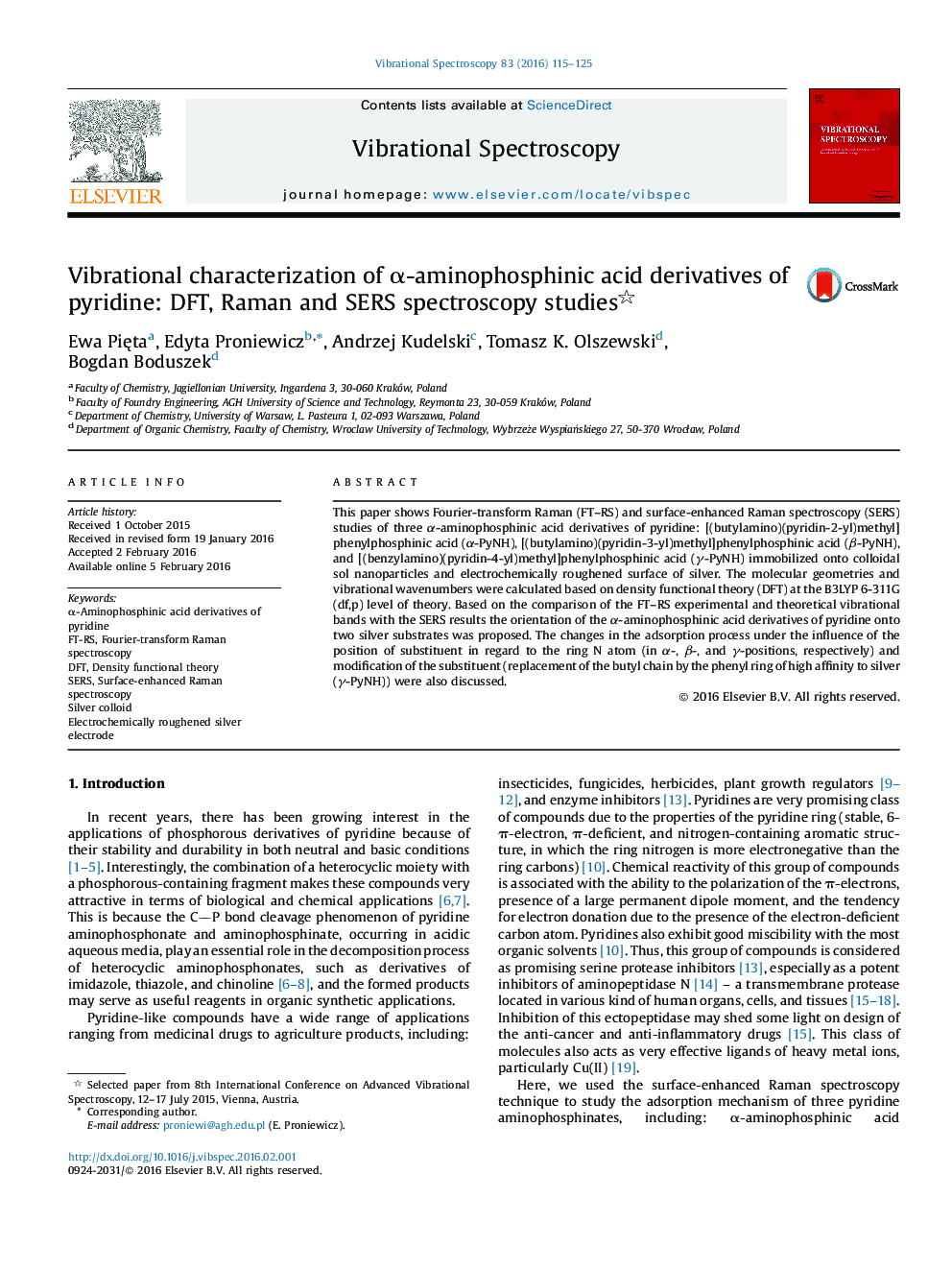 Vibrational characterization of α-aminophosphinic acid derivatives of pyridine: DFT, Raman and SERS spectroscopy studies ✠