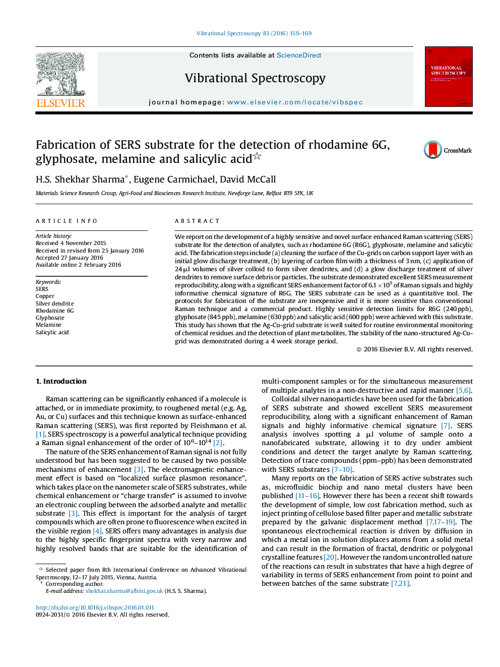 Fabrication of SERS substrate for the detection of rhodamine 6G, glyphosate, melamine and salicylic acid 