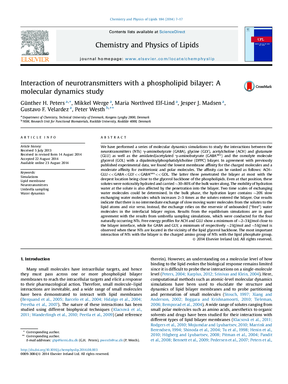 Interaction of neurotransmitters with a phospholipid bilayer: A molecular dynamics study