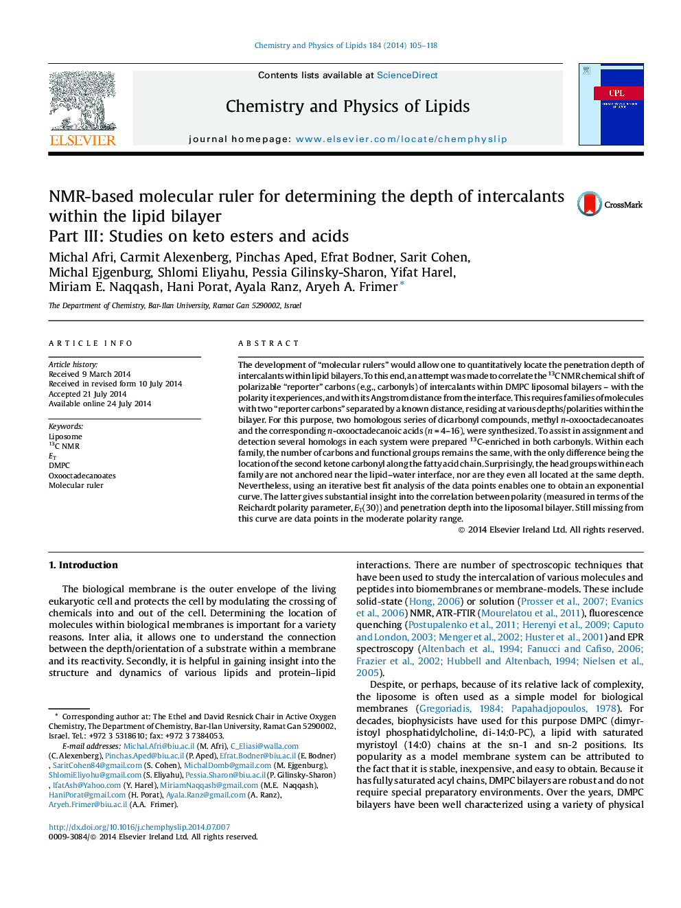 عکس صفحه اول مقاله: NMR-based molecular ruler for determining the depth of intercalants within the lipid bilayer: Part III: Studies on keto esters and acids NMR-based molecular ruler for determining the depth of intercalants within the lipid bilayer: Part III: Studies on keto esters and acids