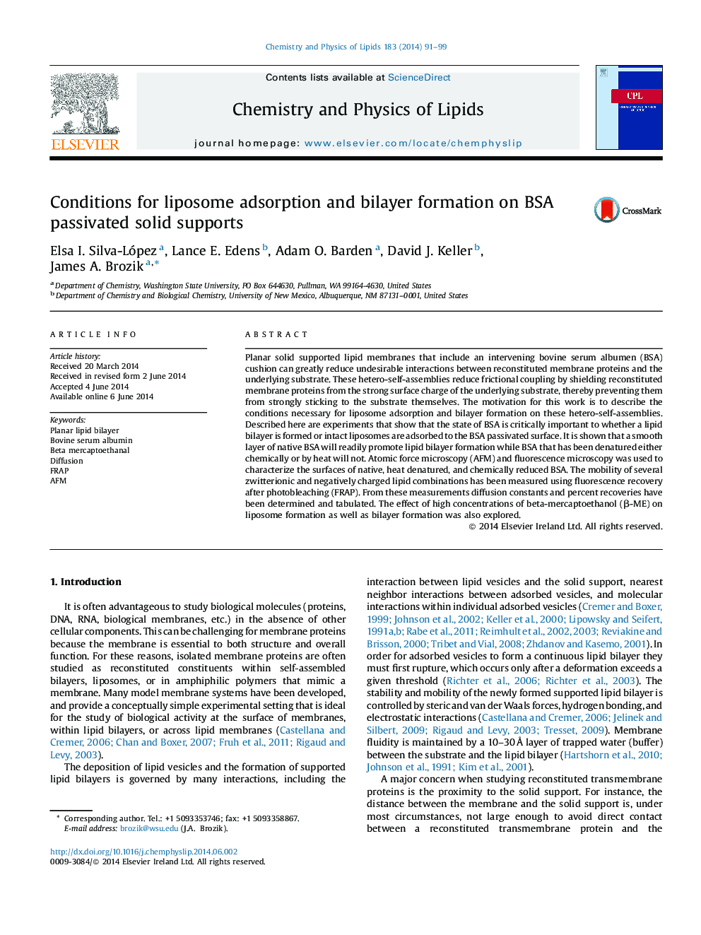 Conditions for liposome adsorption and bilayer formation on BSA passivated solid supports