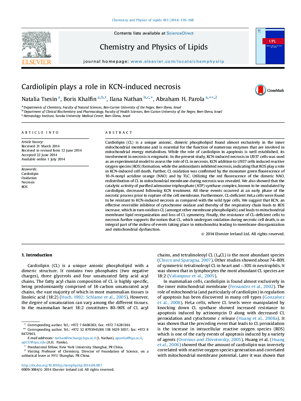 Cardiolipin plays a role in KCN-induced necrosis