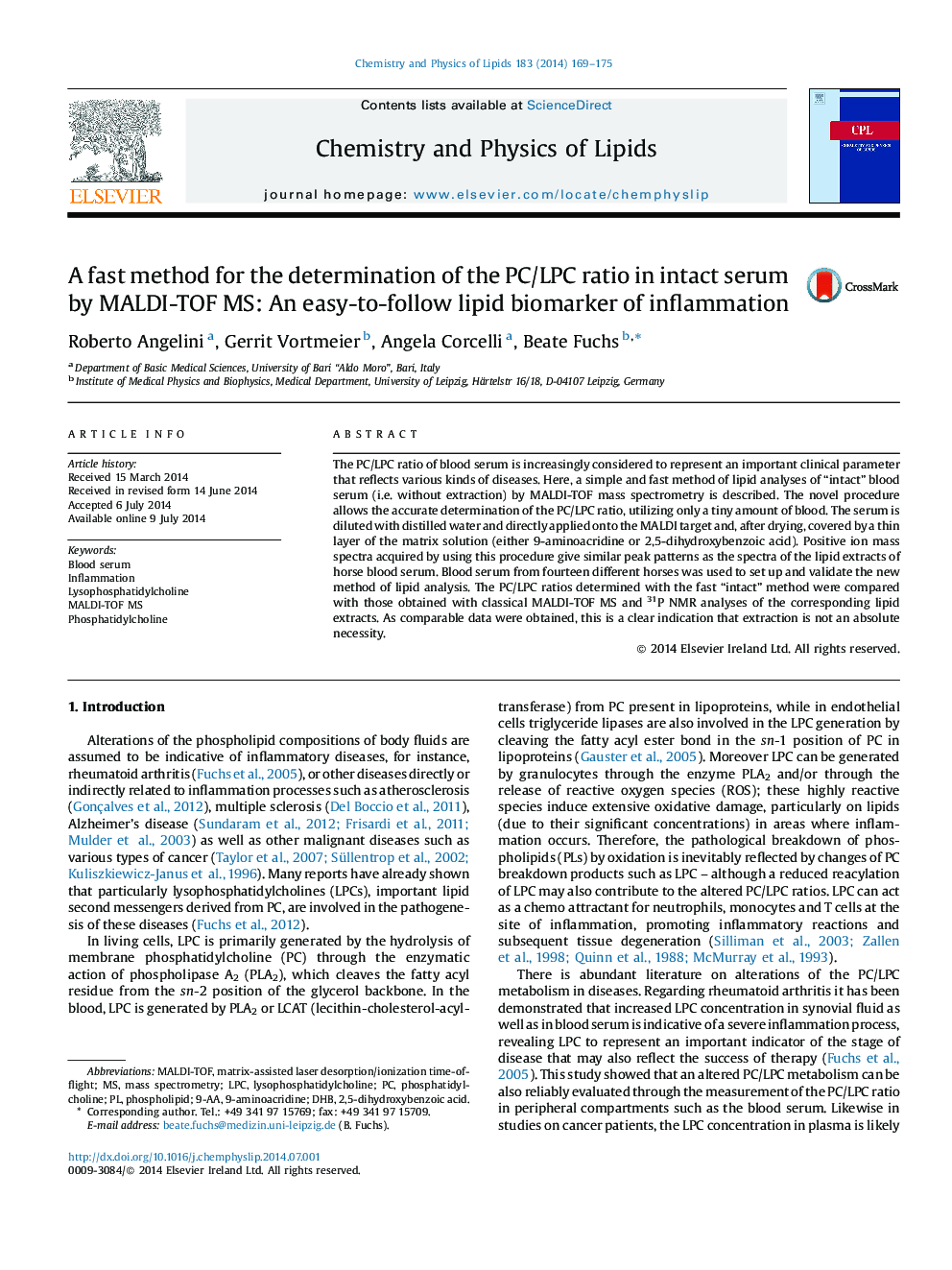 A fast method for the determination of the PC/LPC ratio in intact serum by MALDI-TOF MS: An easy-to-follow lipid biomarker of inflammation