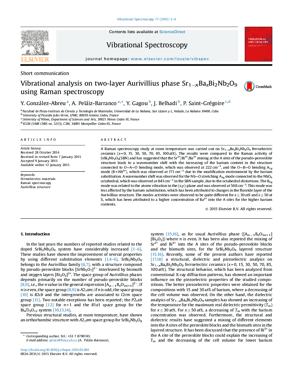Vibrational analysis on two-layer Aurivillius phase Sr1−xBaxBi2Nb2O9 using Raman spectroscopy