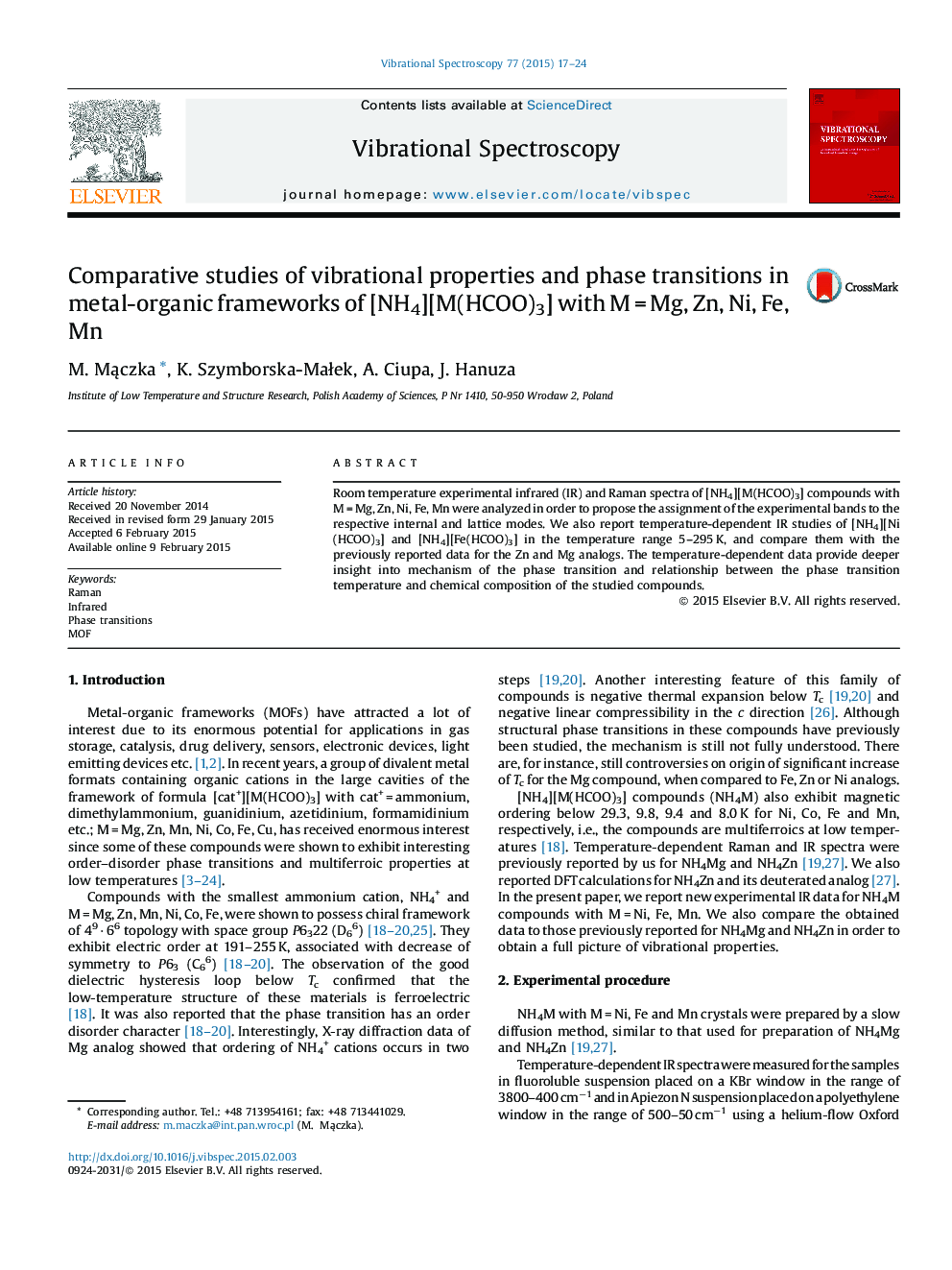 Comparative studies of vibrational properties and phase transitions in metal-organic frameworks of [NH4][M(HCOO)3] with M = Mg, Zn, Ni, Fe, Mn