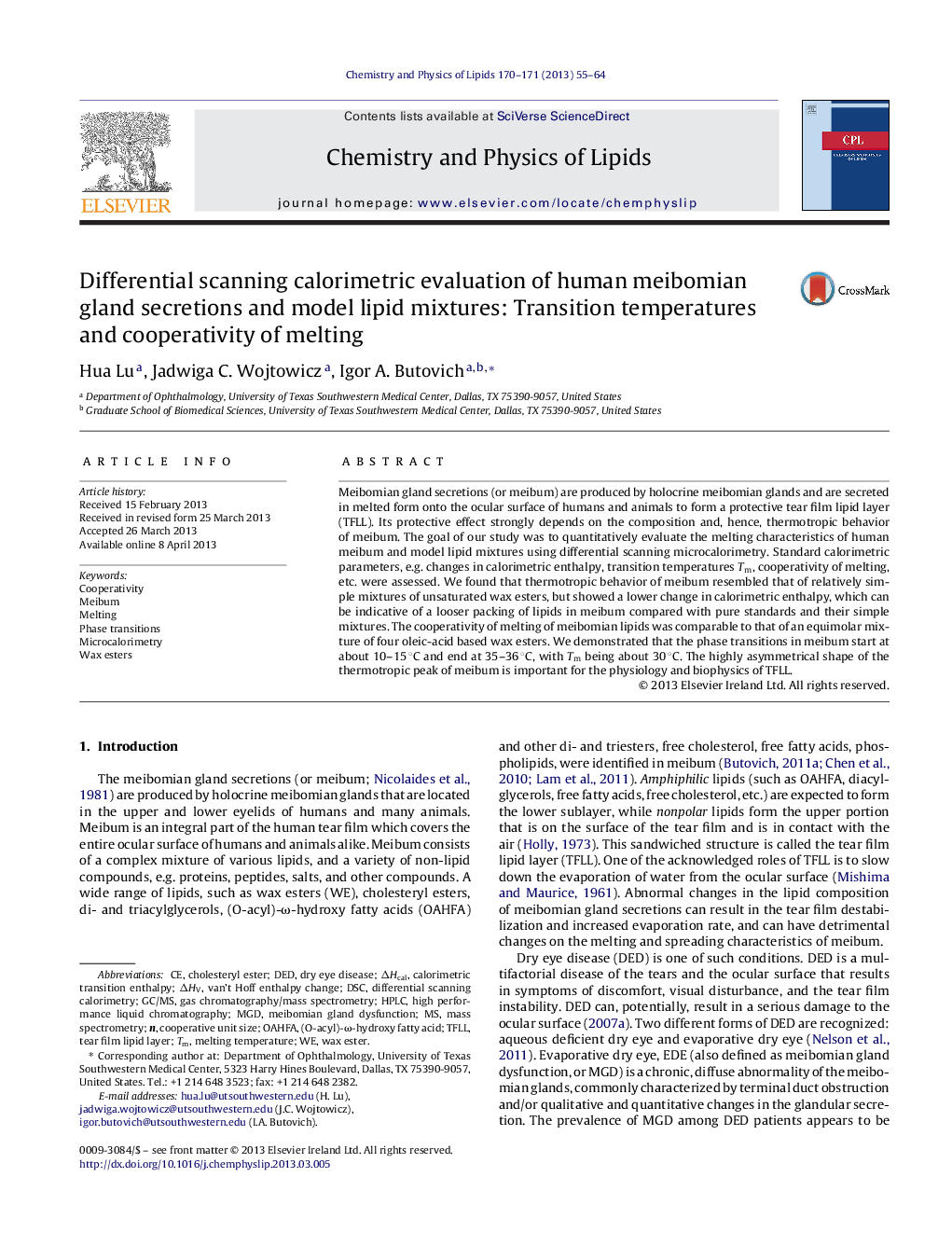 Differential scanning calorimetric evaluation of human meibomian gland secretions and model lipid mixtures: Transition temperatures and cooperativity of melting