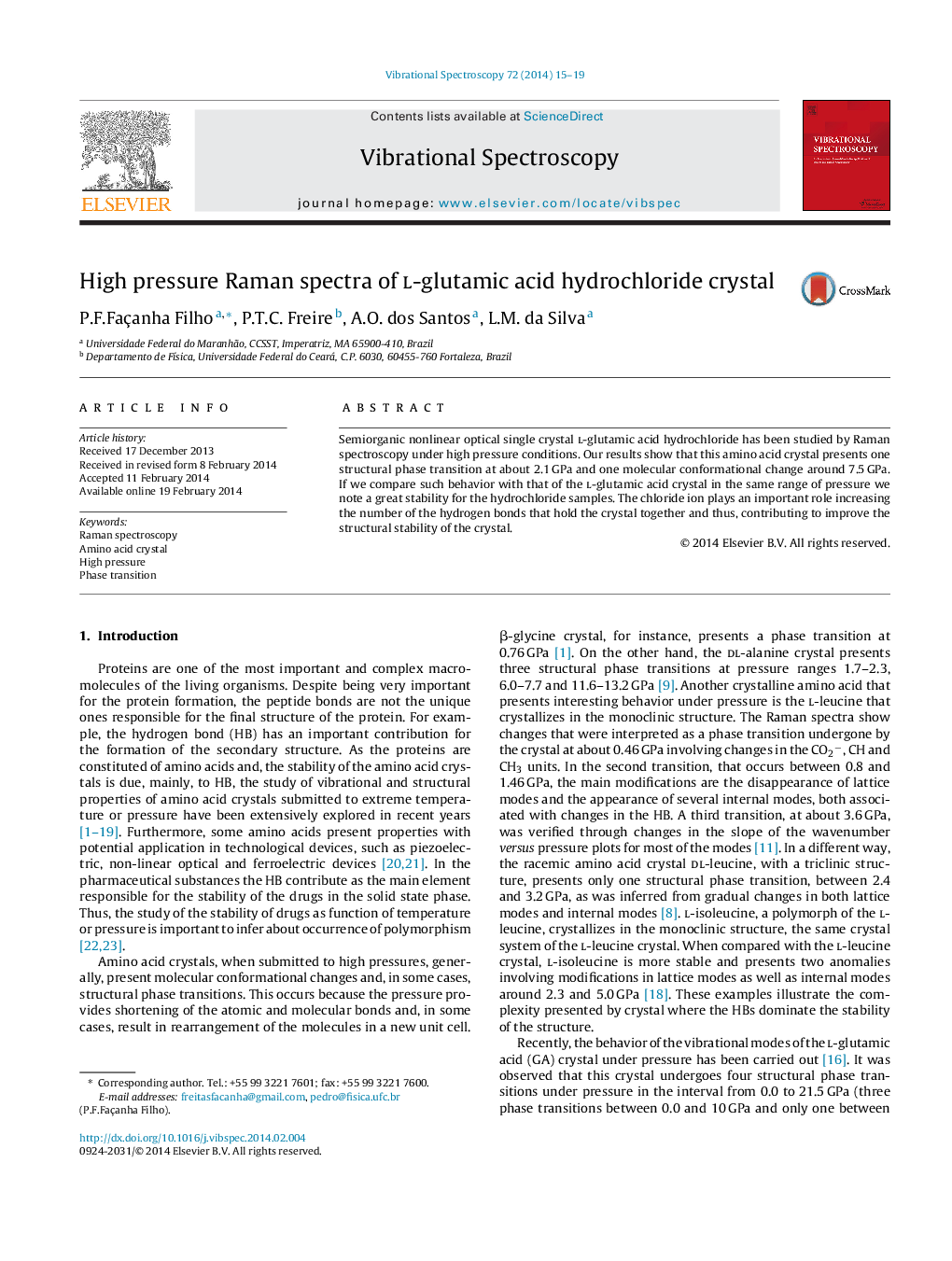 High pressure Raman spectra of l-glutamic acid hydrochloride crystal