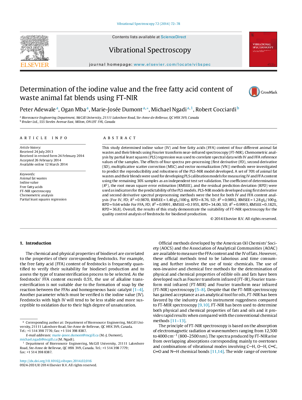 Determination of the iodine value and the free fatty acid content of waste animal fat blends using FT-NIR