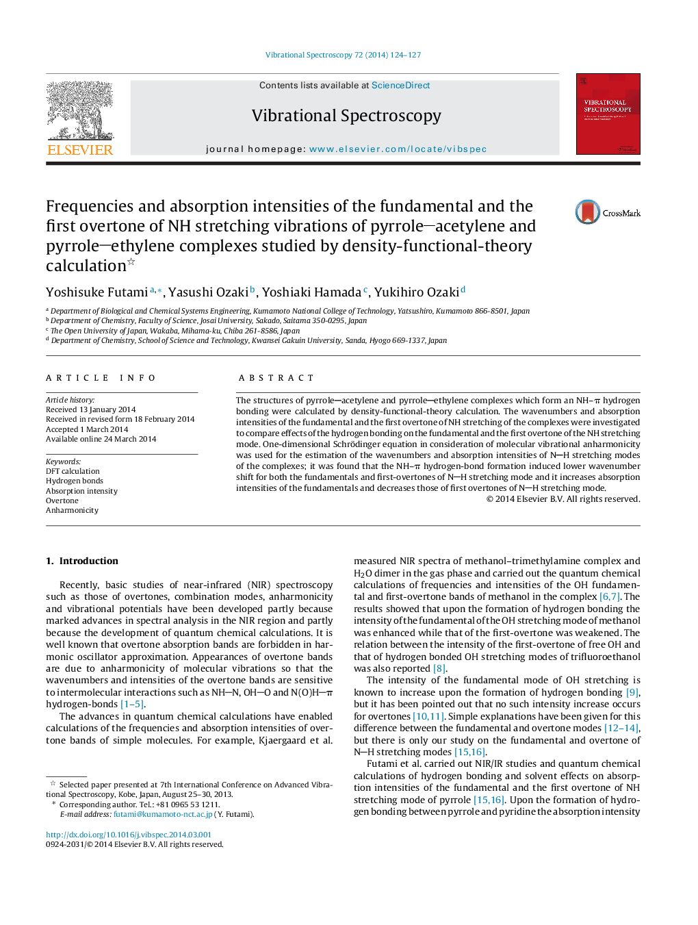 Frequencies and absorption intensities of the fundamental and the first overtone of NH stretching vibrations of pyrroleacetylene and pyrroleethylene complexes studied by density-functional-theory calculation 