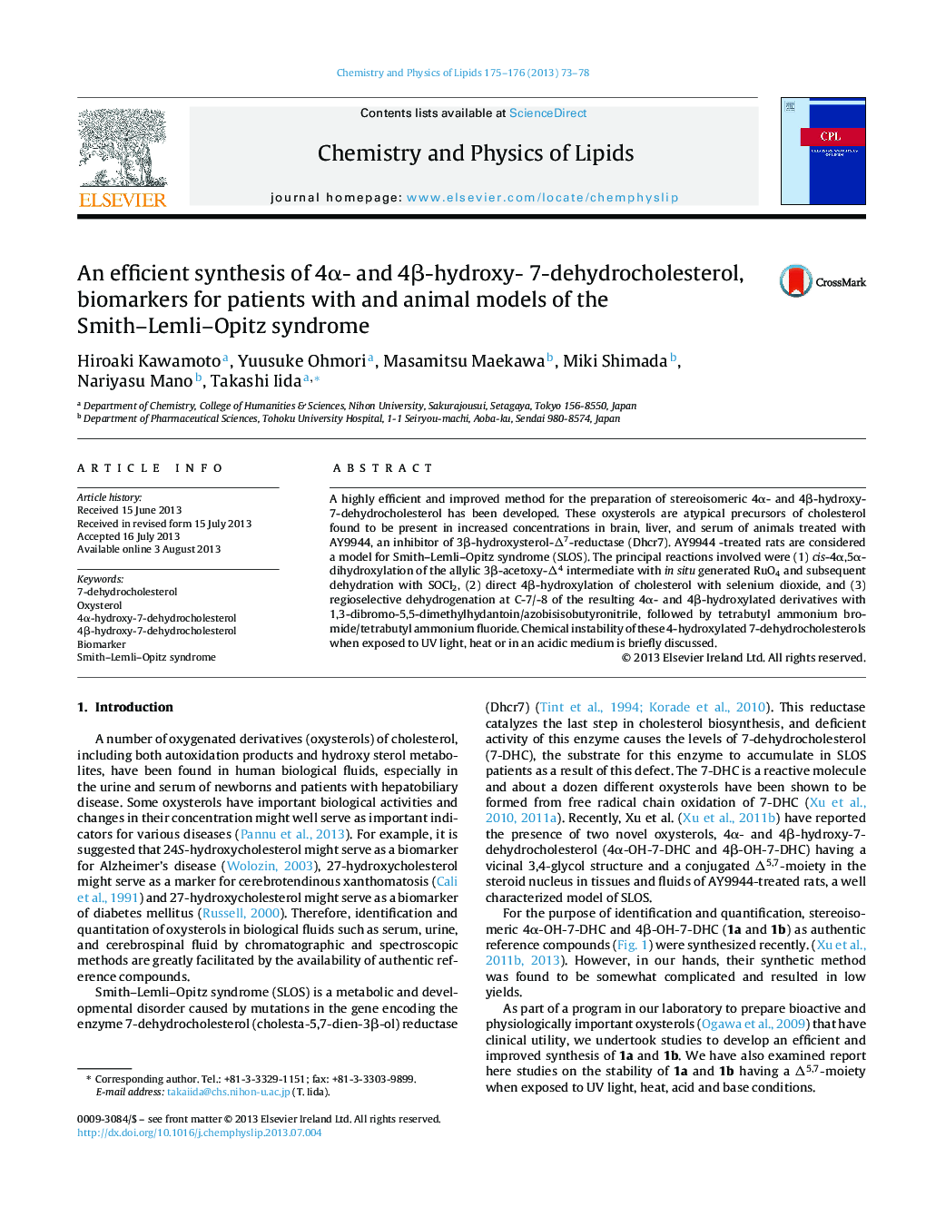 An efficient synthesis of 4α- and 4β-hydroxy- 7-dehydrocholesterol, biomarkers for patients with and animal models of the Smith–Lemli–Opitz syndrome