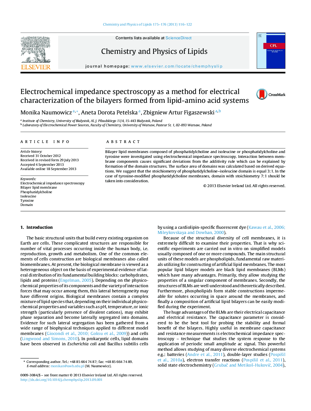 Electrochemical impedance spectroscopy as a method for electrical characterization of the bilayers formed from lipid-amino acid systems