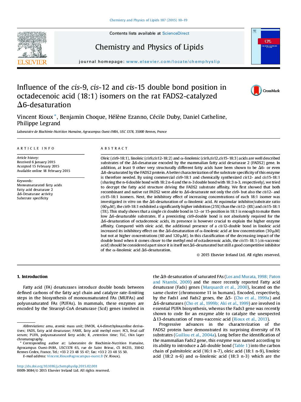 Influence of the cis-9, cis-12 and cis-15 double bond position in octadecenoic acid (18:1) isomers on the rat FADS2-catalyzed Δ6-desaturation