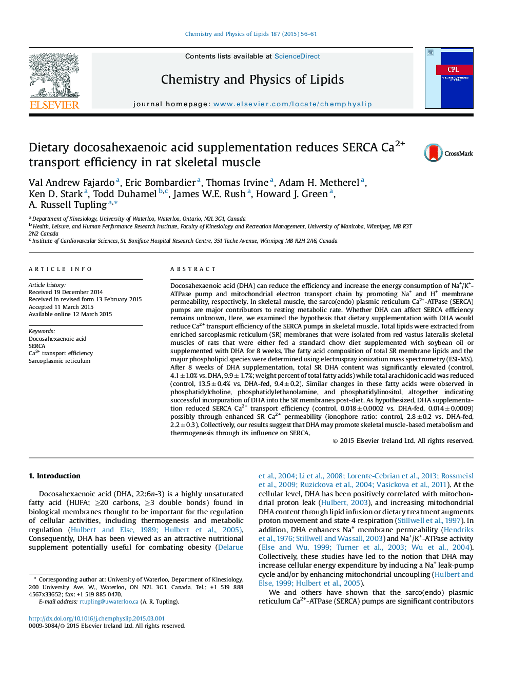 Dietary docosahexaenoic acid supplementation reduces SERCA Ca2+ transport efficiency in rat skeletal muscle