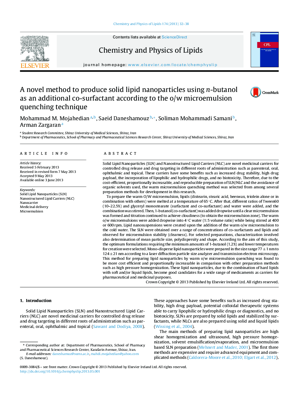 A novel method to produce solid lipid nanoparticles using n-butanol as an additional co-surfactant according to the o/w microemulsion quenching technique