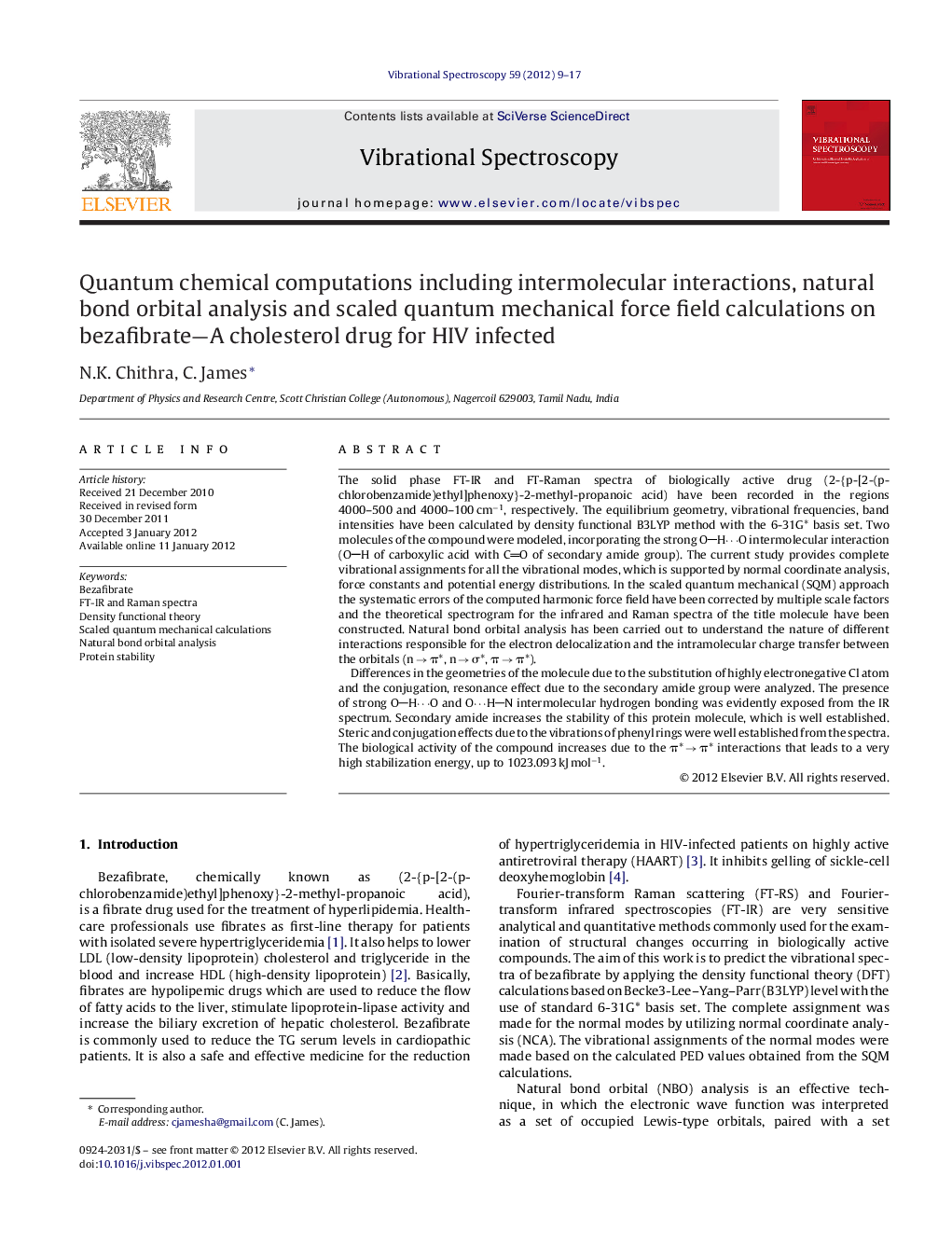 Quantum chemical computations including intermolecular interactions, natural bond orbital analysis and scaled quantum mechanical force field calculations on bezafibrate—A cholesterol drug for HIV infected