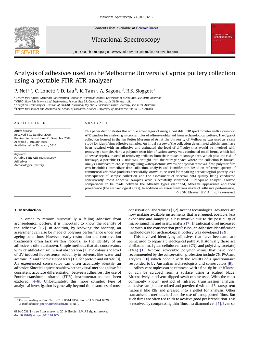 Analysis of adhesives used on the Melbourne University Cypriot pottery Collection using a portable FTIR-ATR analyzer