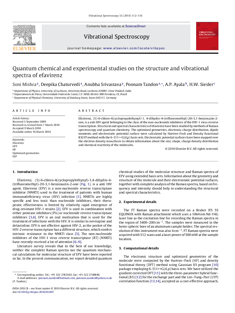 Quantum chemical and experimental studies on the structure and vibrational spectra of efavirenz