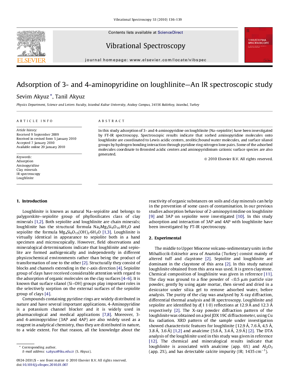 Adsorption of 3- and 4-aminopyridine on loughlinite—An IR spectroscopic study