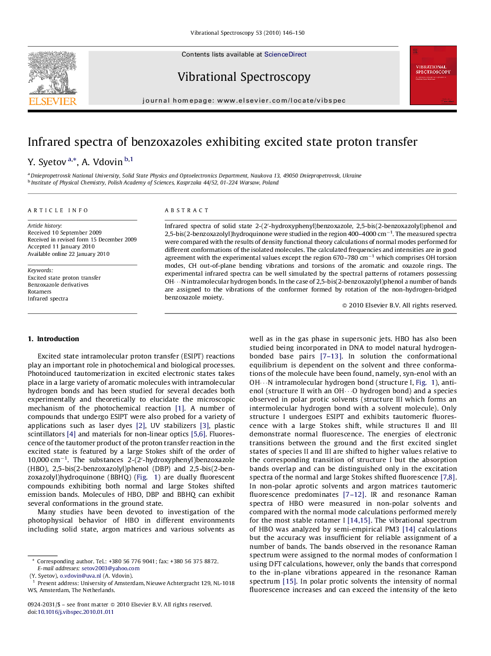 Infrared spectra of benzoxazoles exhibiting excited state proton transfer