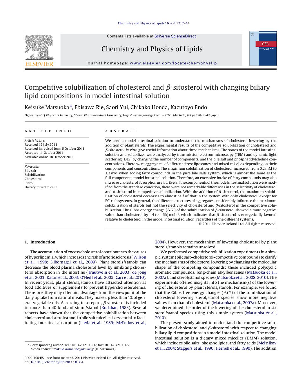 Competitive solubilization of cholesterol and β-sitosterol with changing biliary lipid compositions in model intestinal solution