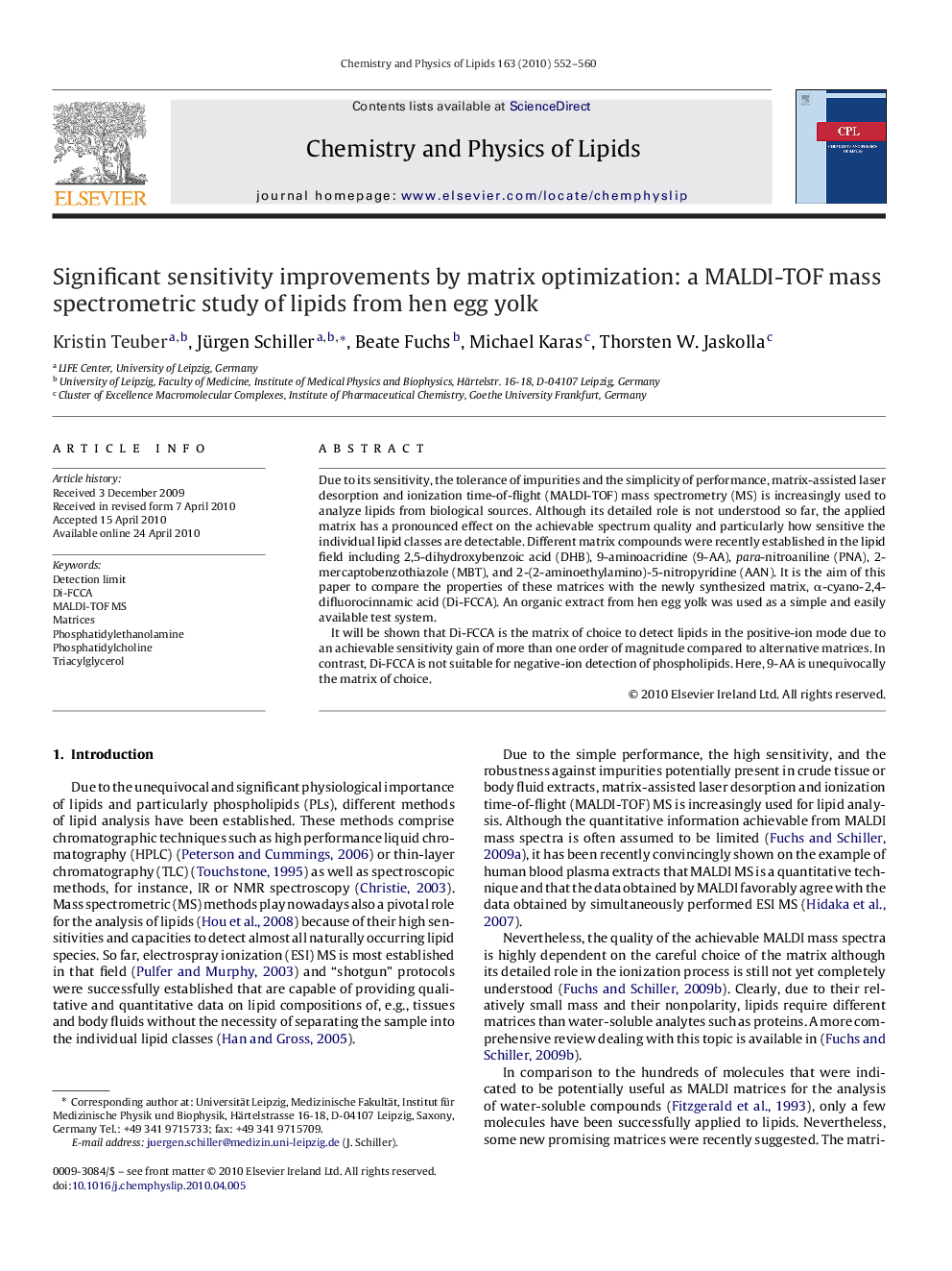 Significant sensitivity improvements by matrix optimization: a MALDI-TOF mass spectrometric study of lipids from hen egg yolk