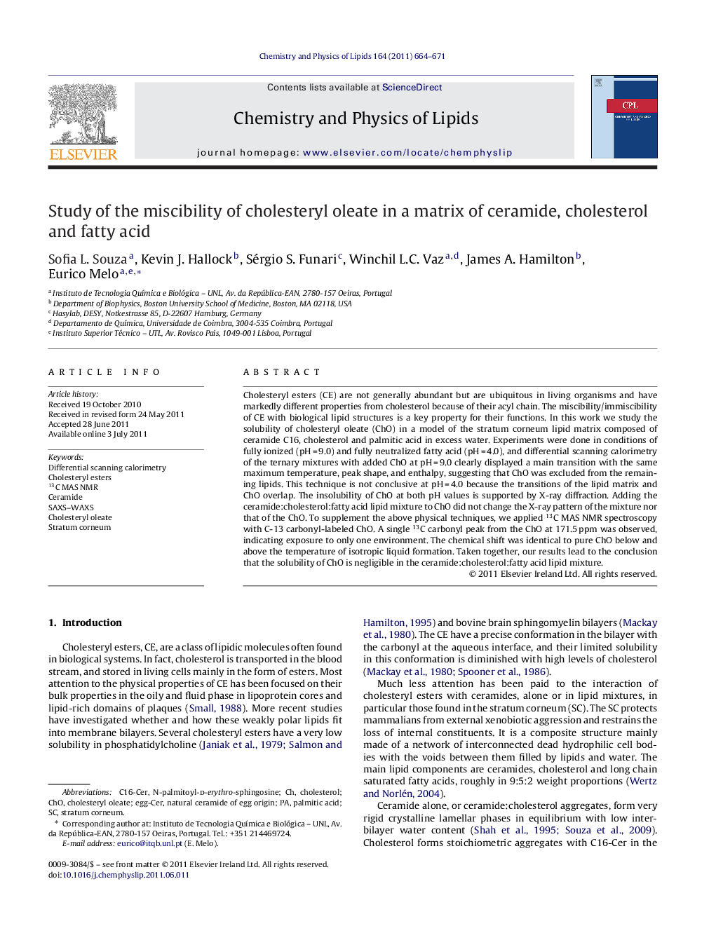 Study of the miscibility of cholesteryl oleate in a matrix of ceramide, cholesterol and fatty acid