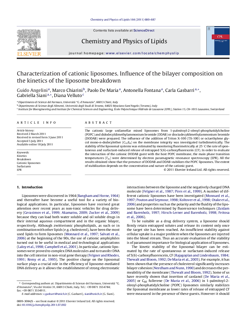 Characterization of cationic liposomes. Influence of the bilayer composition on the kinetics of the liposome breakdown