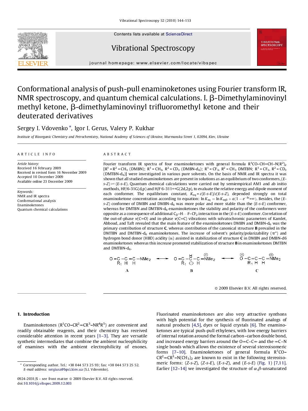 Conformational analysis of push-pull enaminoketones using Fourier transform IR, NMR spectroscopy, and quantum chemical calculations. I. β-Dimethylaminovinyl methyl ketone, β-dimethylaminovinyl trifluoromethyl ketone and their deuterated derivatives