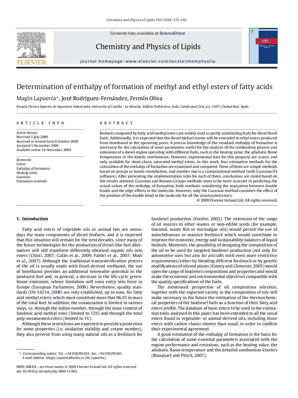 Determination of enthalpy of formation of methyl and ethyl esters of fatty acids