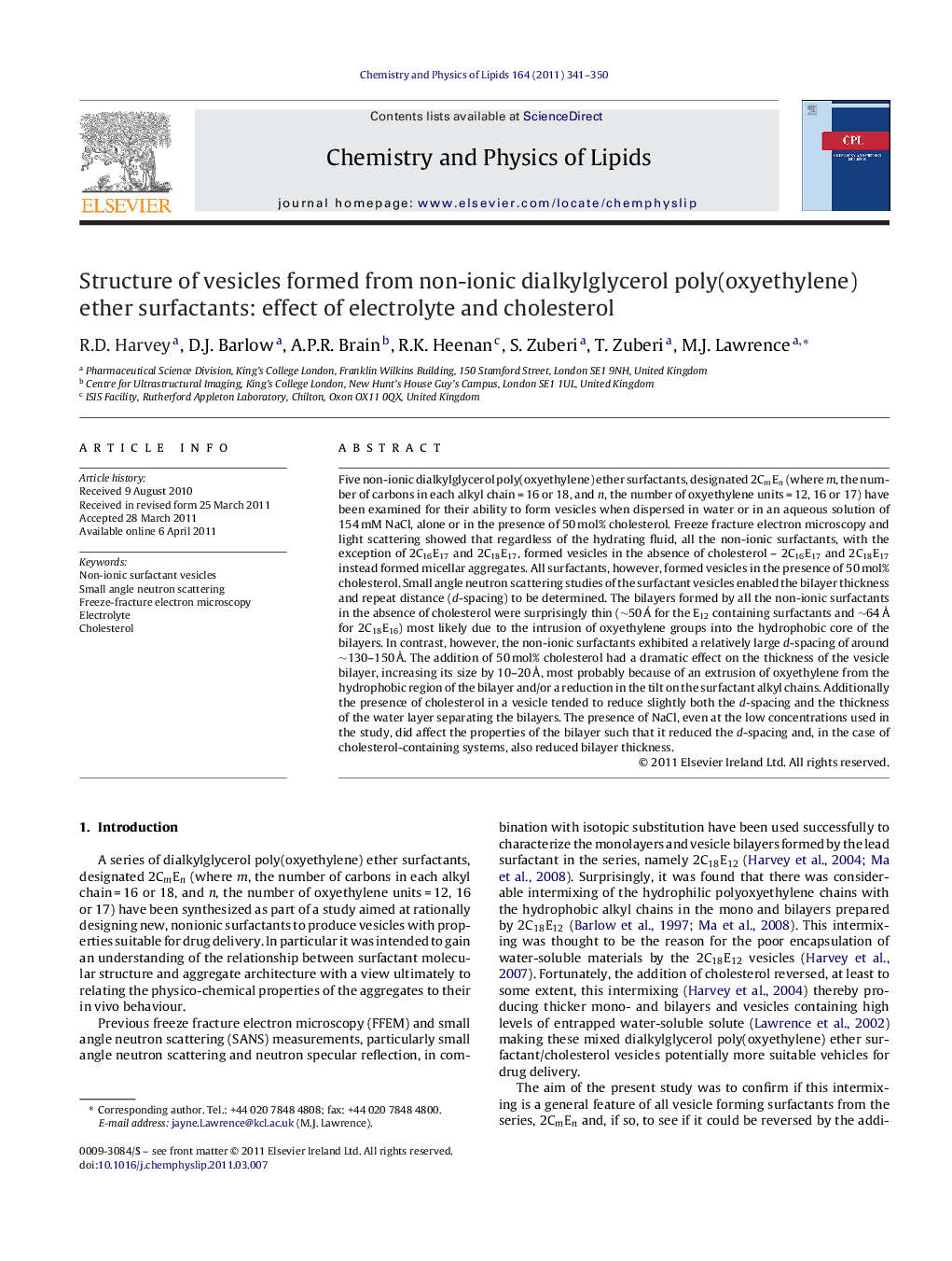 عکس صفحه اول مقاله: Structure of vesicles formed from non-ionic dialkylglycerol poly(oxyethylene) ether surfactants: effect of electrolyte and cholesterol Structure of vesicles formed from non-ionic dialkylglycerol poly(oxyethylene) ether surfactants: effect of electrolyte and cholesterol