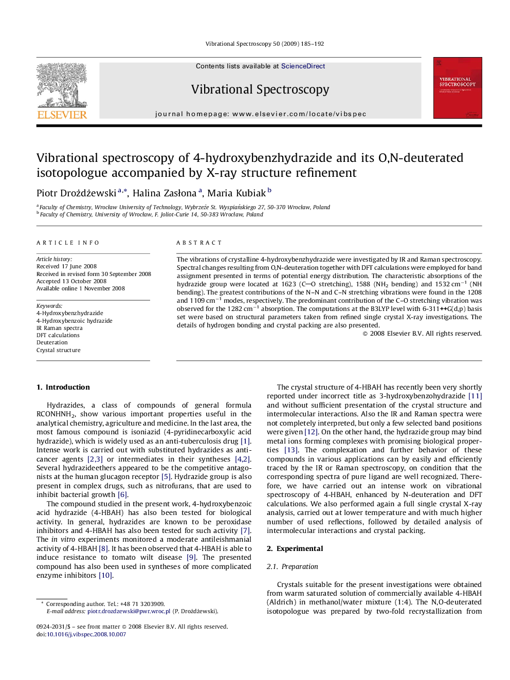 Vibrational spectroscopy of 4-hydroxybenzhydrazide and its O,N-deuterated isotopologue accompanied by X-ray structure refinement