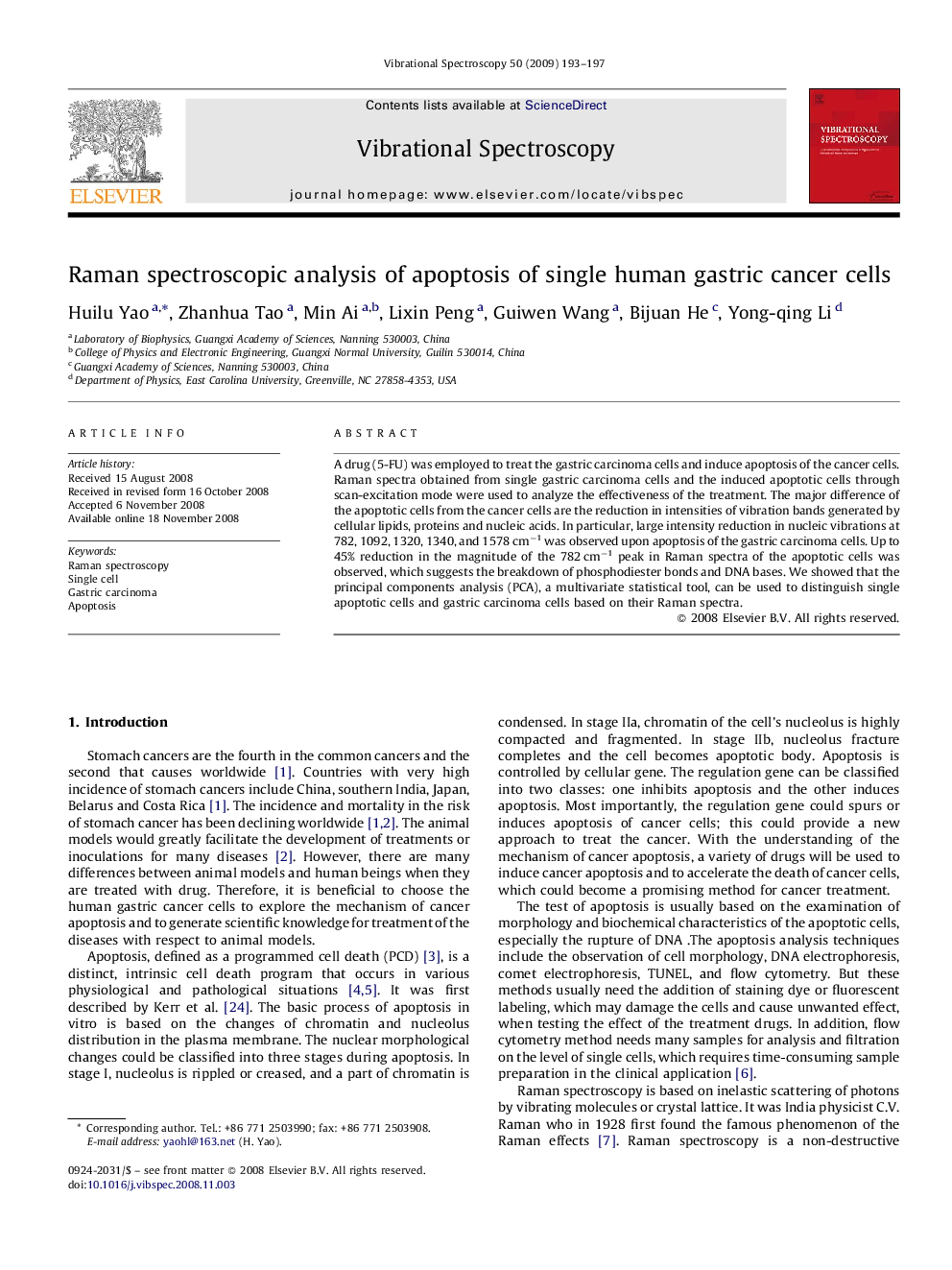 Raman spectroscopic analysis of apoptosis of single human gastric cancer cells